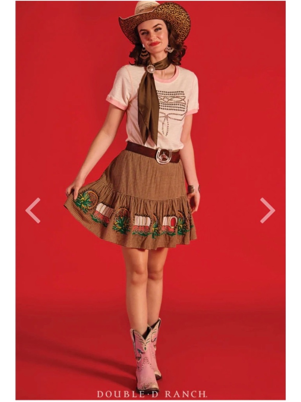 Double D Ranch Brown Mini Skirt with Colorful Wagon Embroidery - Picture 6 of 9